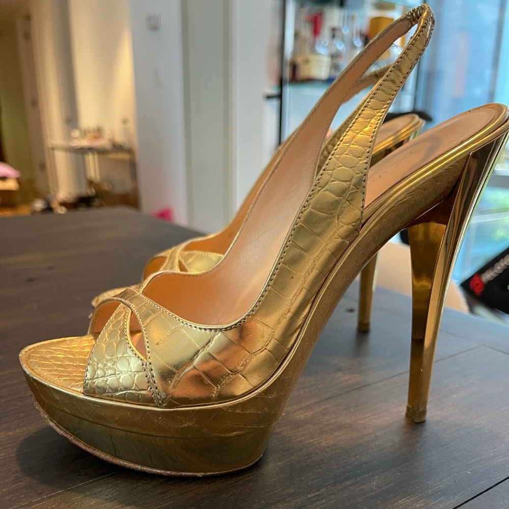 Casadei Gold Croc Print Slingbacks